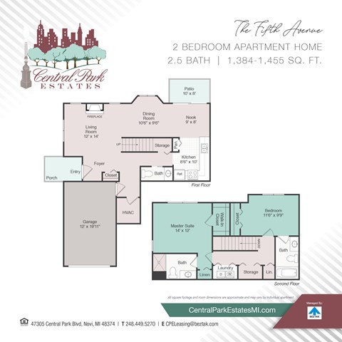 Floor plan for 2 beds, 2.5 baths, 1384 sqft